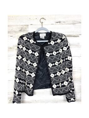 Papell Boutique Womens M Vintage Black White Silk Beaded Embroidered Jacket